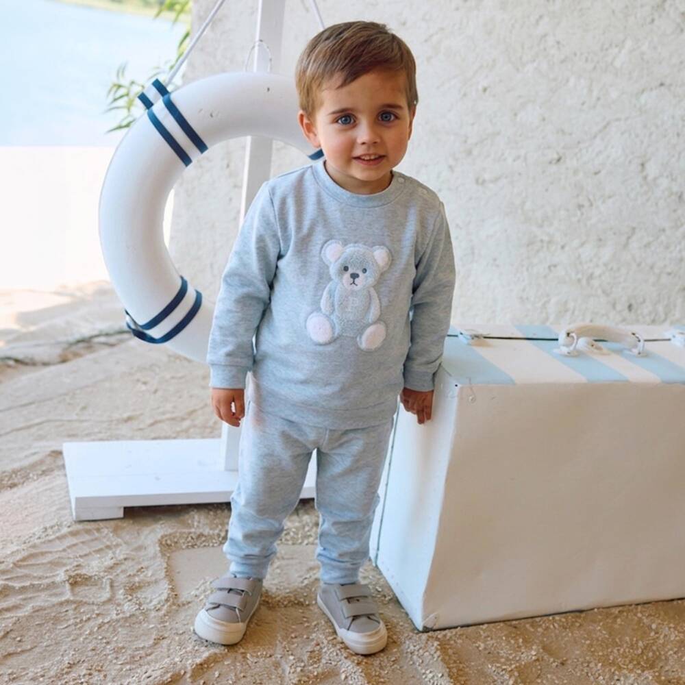 Patachou-Boys Light Blue Marl Cotton Teddy Bear Tracksuit | Childrensalon Outlet