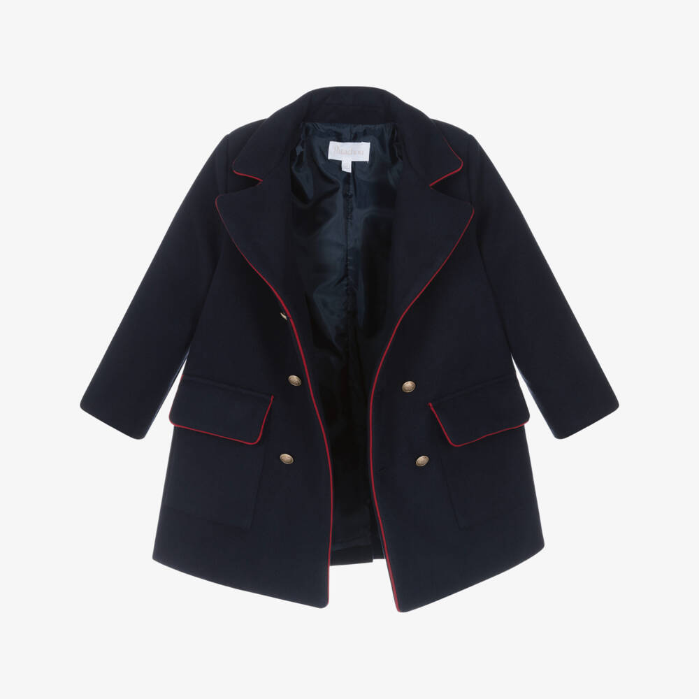 Patachou-Boys Navy Blue Felted Coat with Red Trims | Childrensalon Outlet