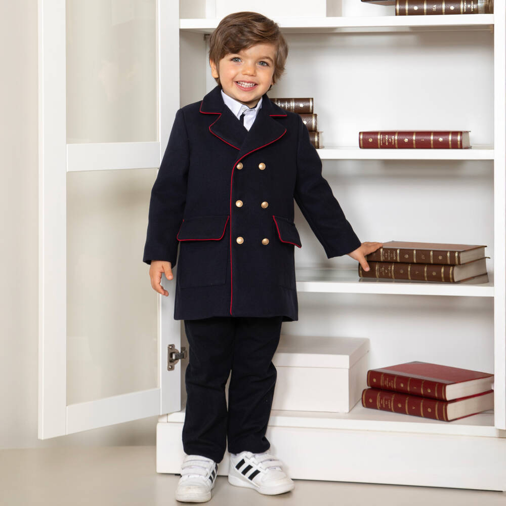 Patachou-Boys Navy Blue Felted Coat with Red Trims | Childrensalon Outlet