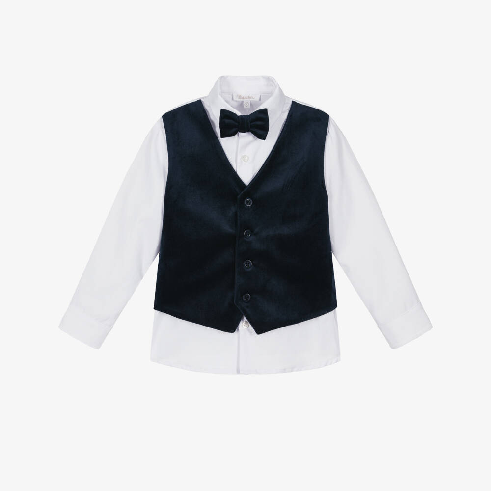 Patachou-Boys Navy Velvet Waistcoat Shirt | Childrensalon Outlet