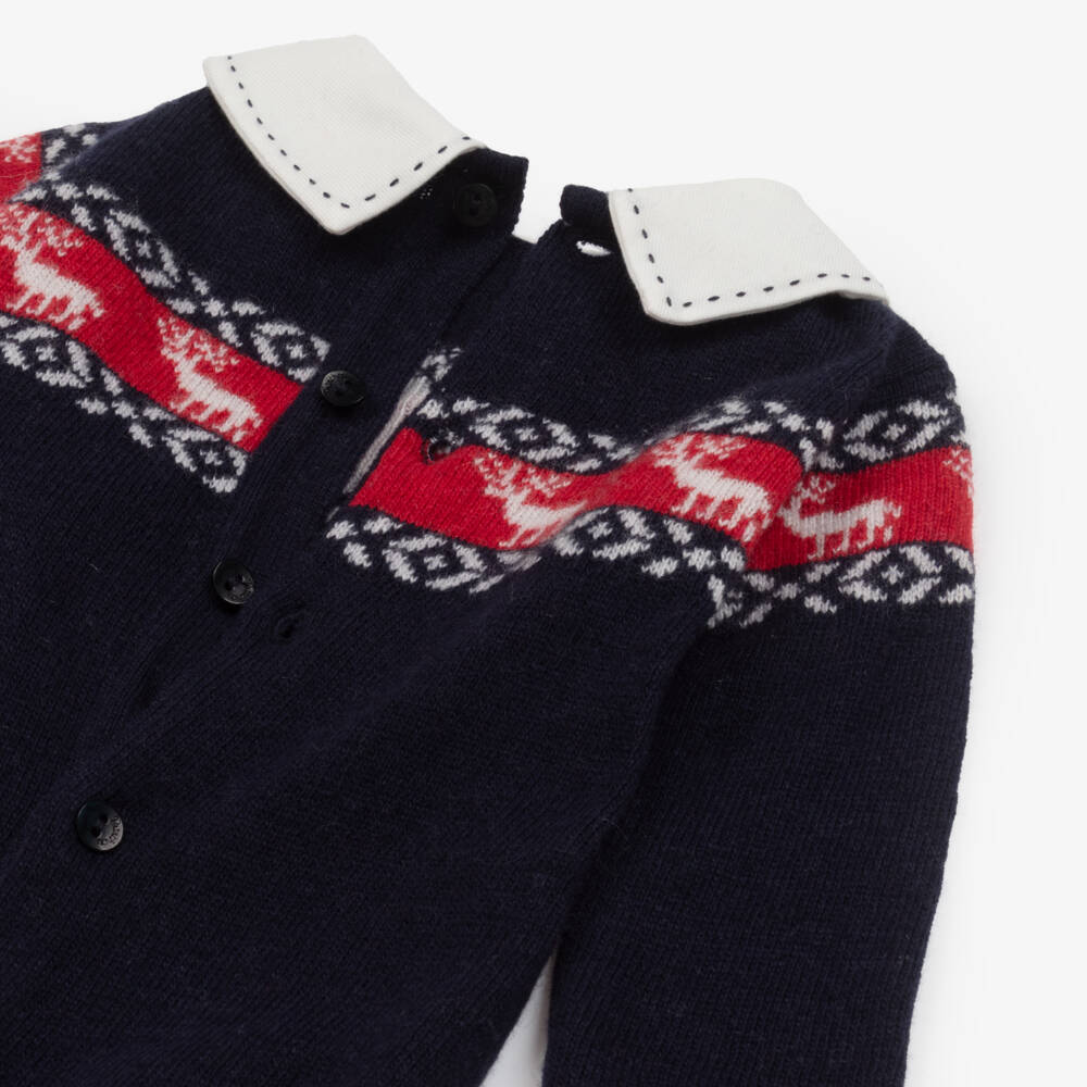 Patachou-Boys Navy Wool Reindeer Babygrow | Childrensalon Outlet