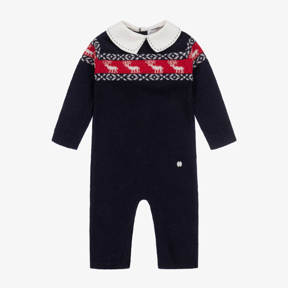 Patachou-Boys Navy Wool Reindeer Babygrow | Childrensalon Outlet