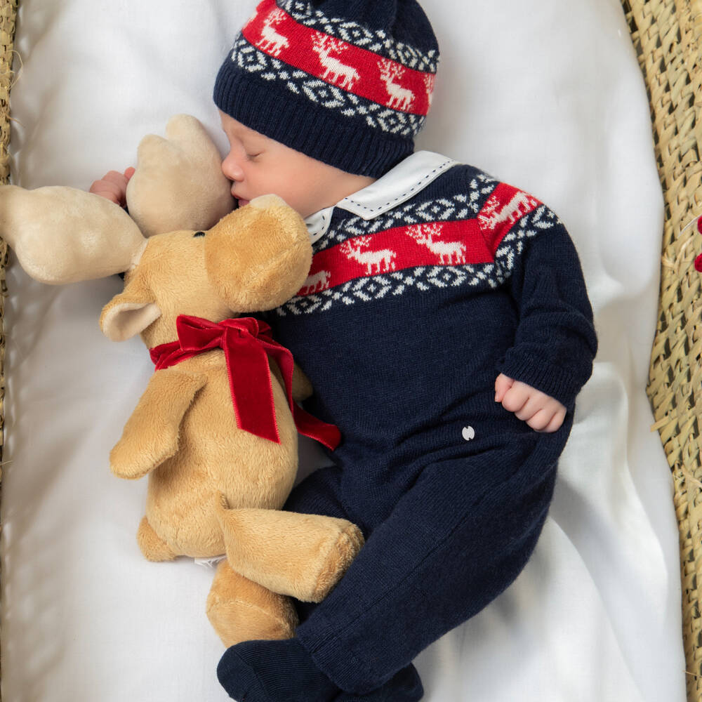 Patachou-Boys Navy Wool Reindeer Babygrow | Childrensalon Outlet
