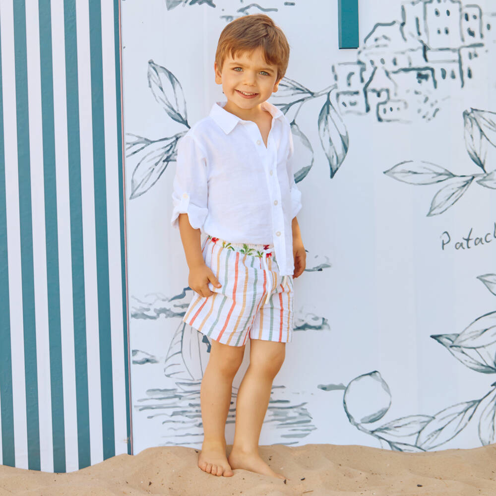 Patachou-Boys Off-White Collarless Textured Cotton Shirt | Childrensalon Outlet