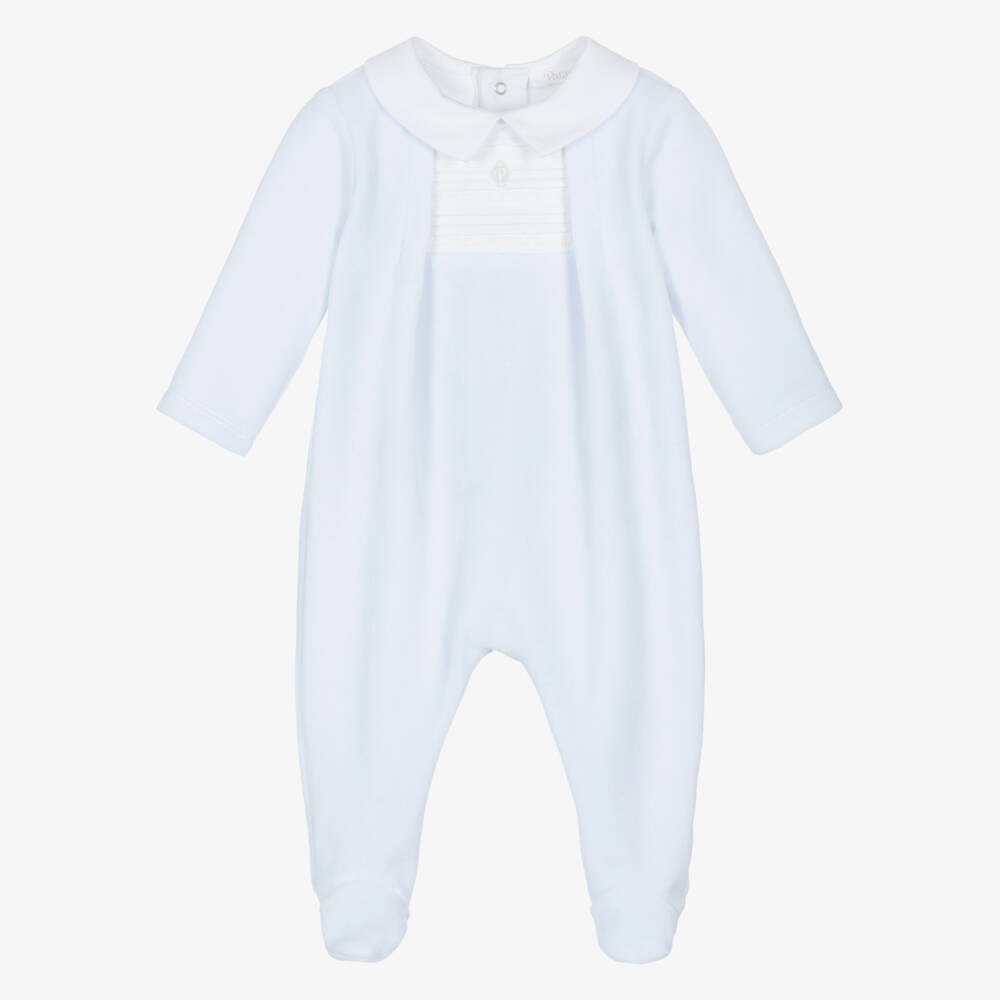 Patachou-Boys Pale Blue Velour Babygrow with Pintuck Panel | Childrensalon Outlet
