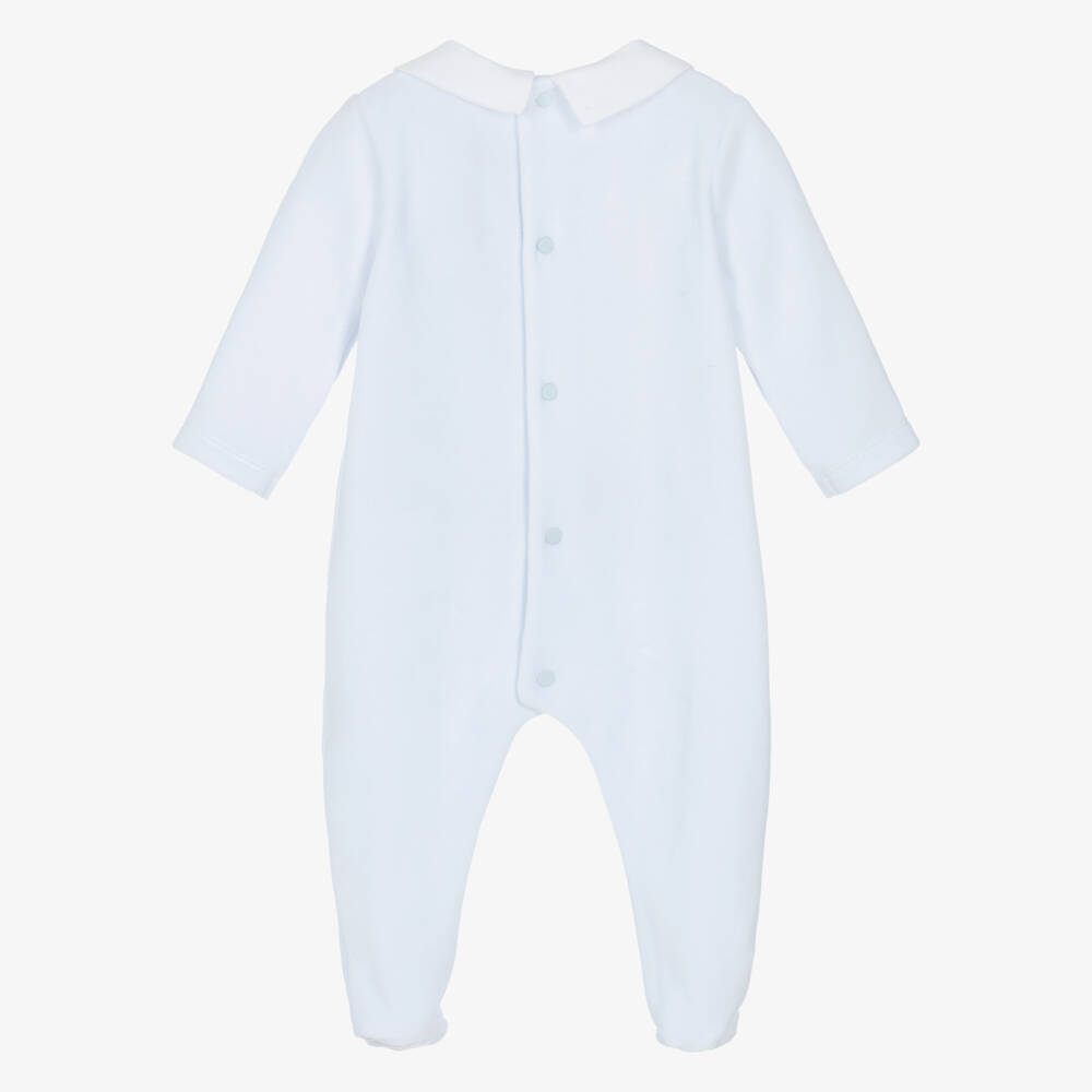 Patachou-Boys Pale Blue Velour Babygrow with Pintuck Panel | Childrensalon Outlet