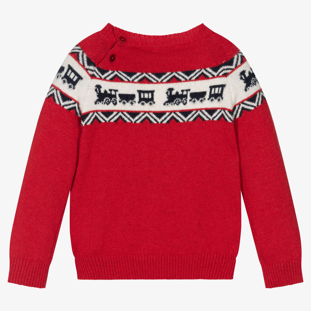 Patachou-Boys Red Wool Knit Train Jumper | Childrensalon Outlet