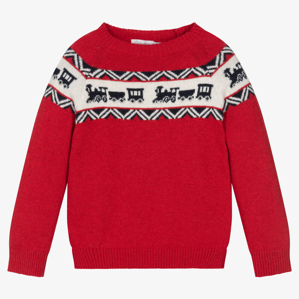 Patachou - Boys Red Wool Knit Train Jumper | Childrensalon