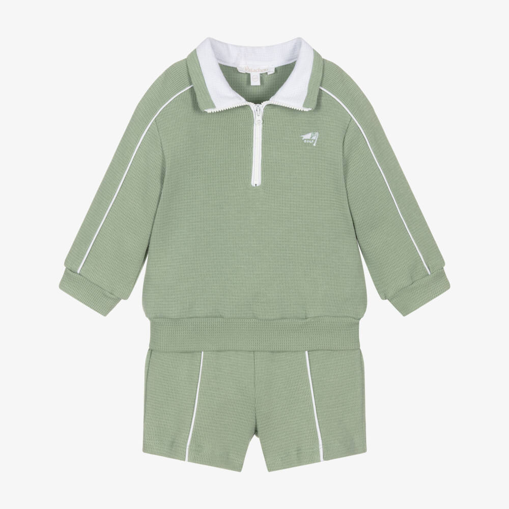 Patachou-Boys Sage Green Piqué Quarter-Zip Top & Shorts Set | Childrensalon Outlet
