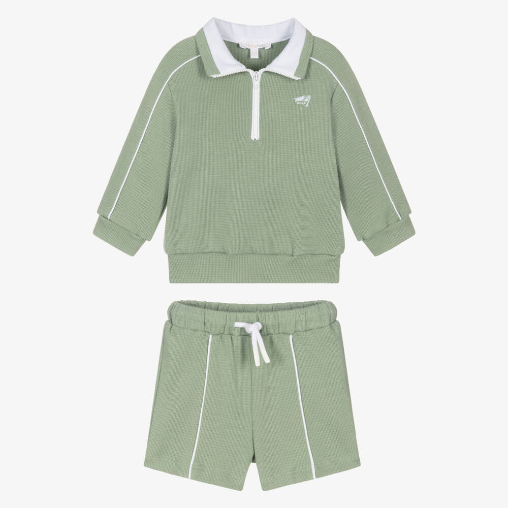 Patachou-Boys Sage Green Piqué Quarter-Zip Top & Shorts Set | Childrensalon Outlet