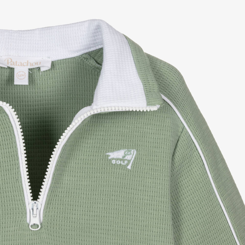 Patachou-Boys Sage Green Piqué Quarter-Zip Top & Shorts Set | Childrensalon Outlet