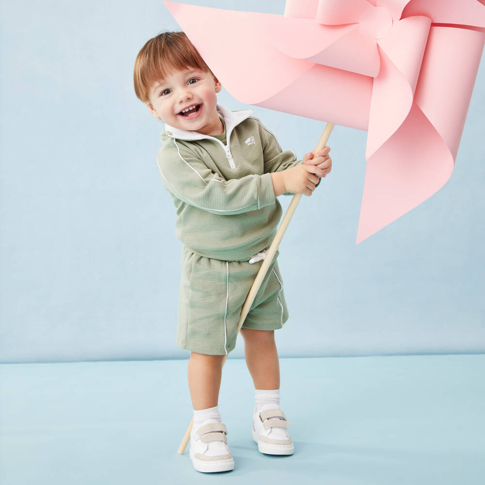 Patachou-Boys Sage Green Piqué Quarter-Zip Top & Shorts Set | Childrensalon Outlet