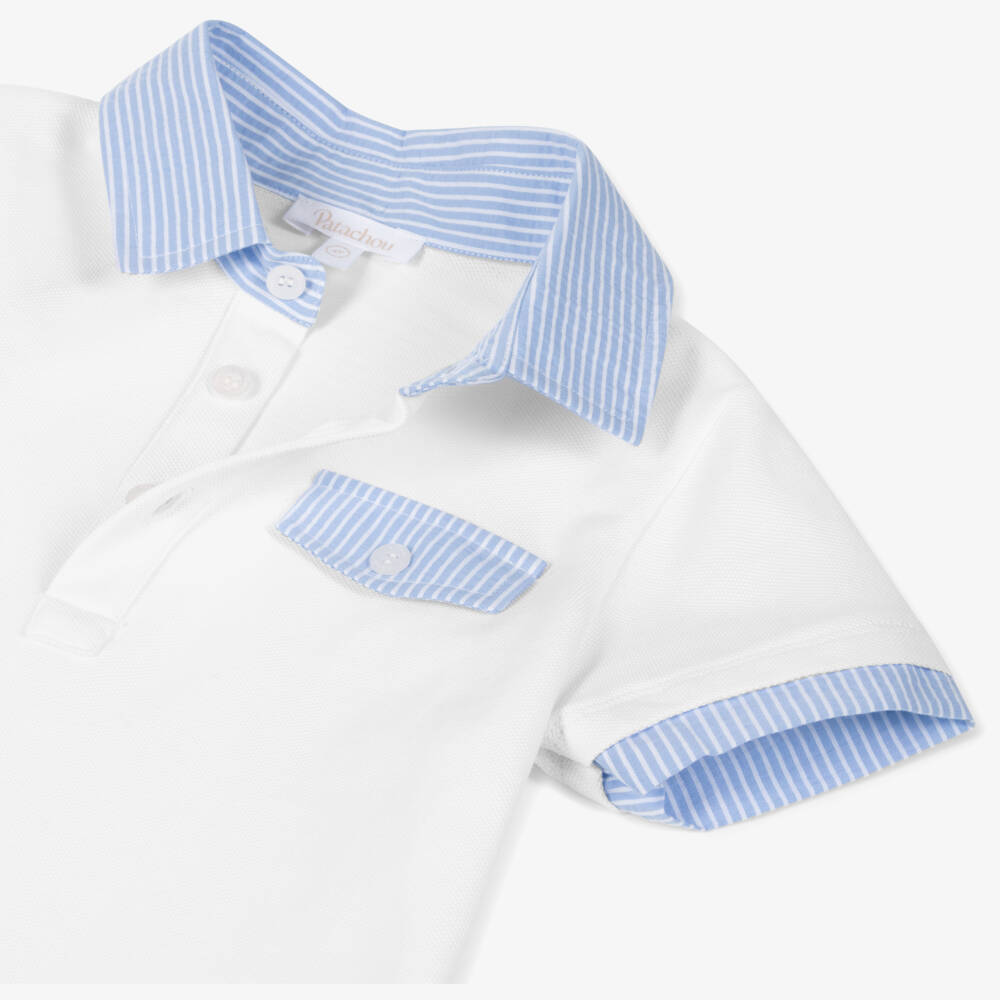 Patachou-Boys Soft White Polo with Blue Trim | Childrensalon Outlet