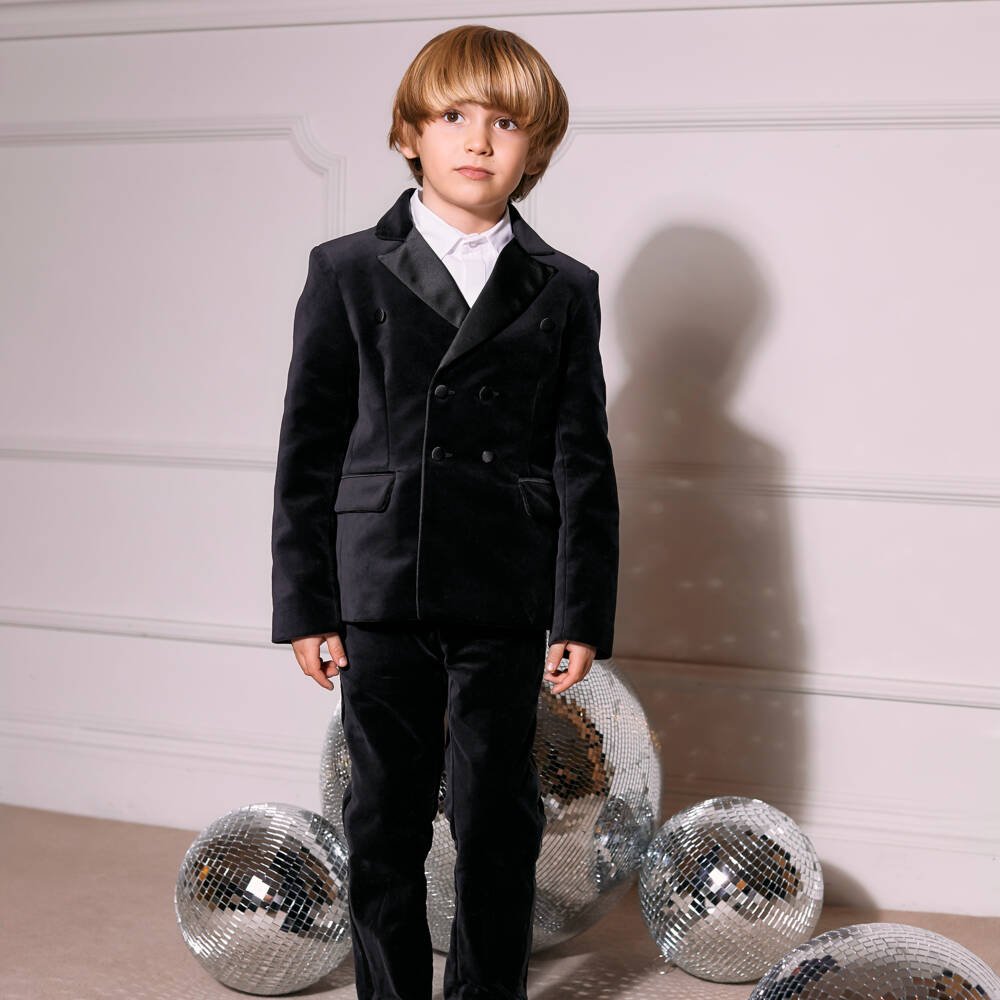 Patachou-Boys Velvet Tuxedo Jacket in Black | Childrensalon Outlet