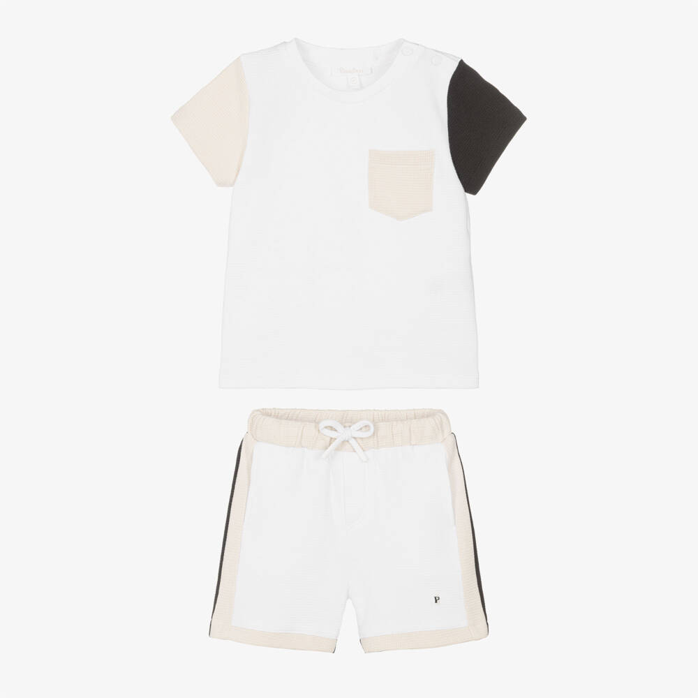 Patachou-Boys White & Beige Colour Block Cotton Shorts Set | Childrensalon Outlet