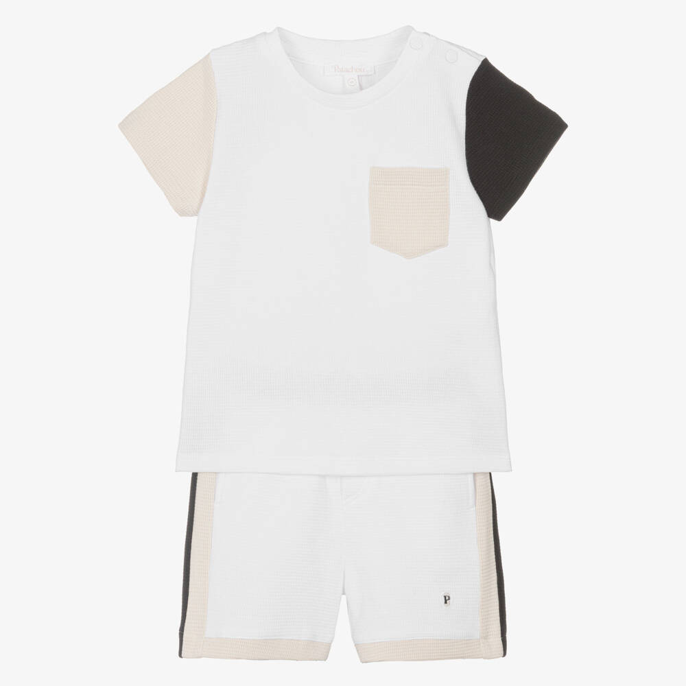 Patachou-Boys White & Beige Colour Block Cotton Shorts Set | Childrensalon Outlet
