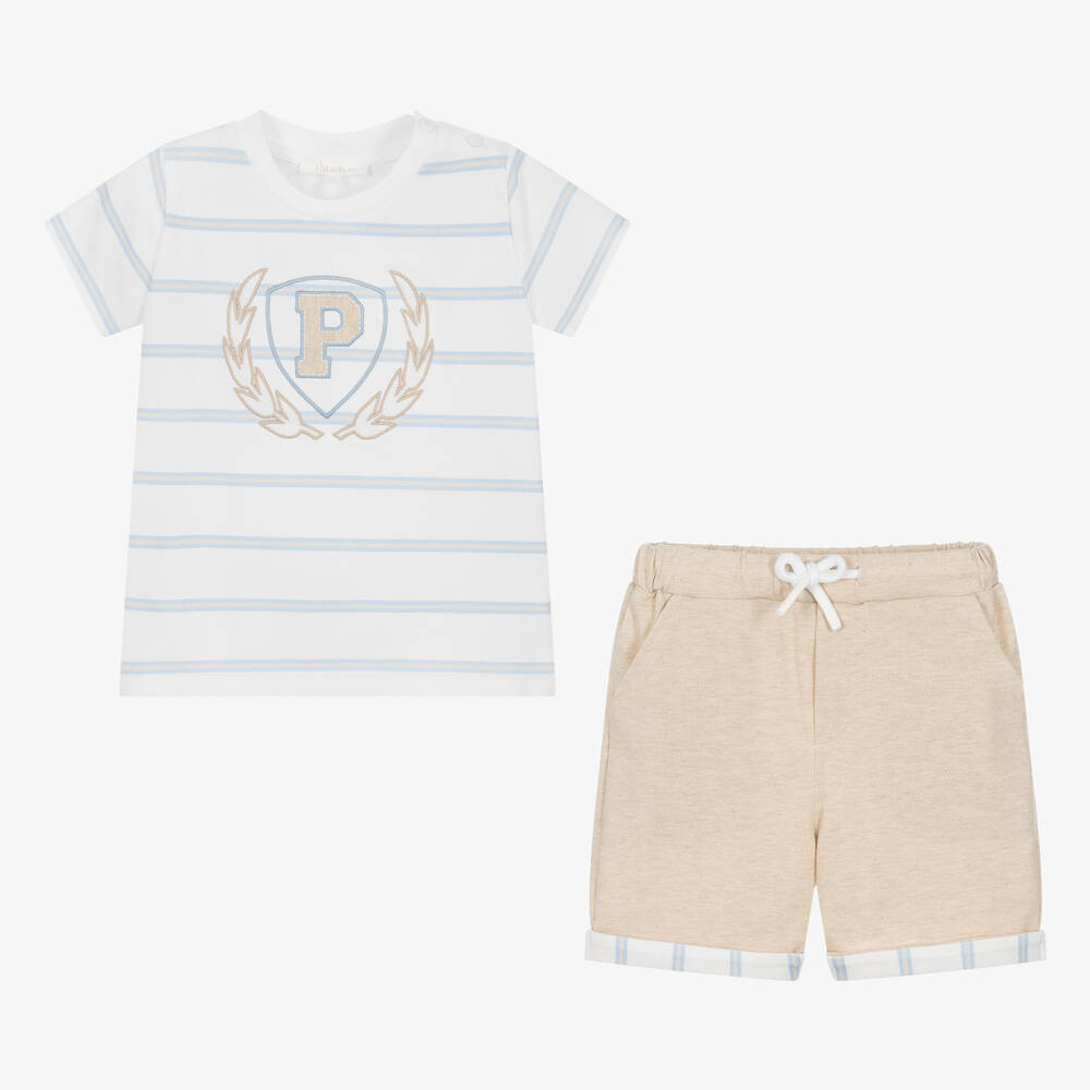 Patachou-Boys White & Beige Cotton Shorts Set | Childrensalon Outlet