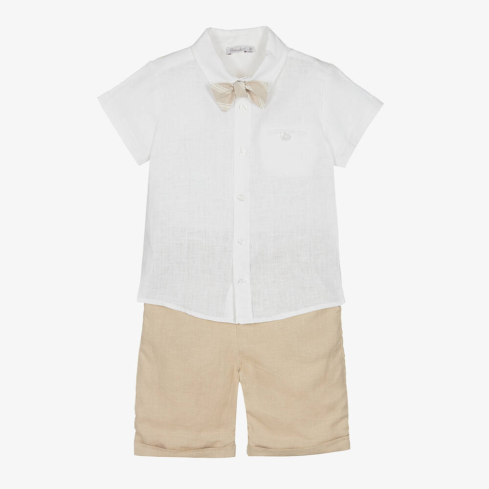 Patachou - Boys White & Beige Linen Shorts Set | Childrensalon