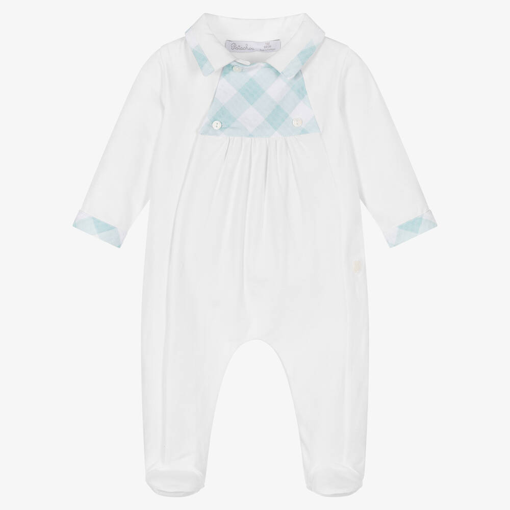 Patachou - Boys White & Blue Check Cotton Babygrow | Childrensalon