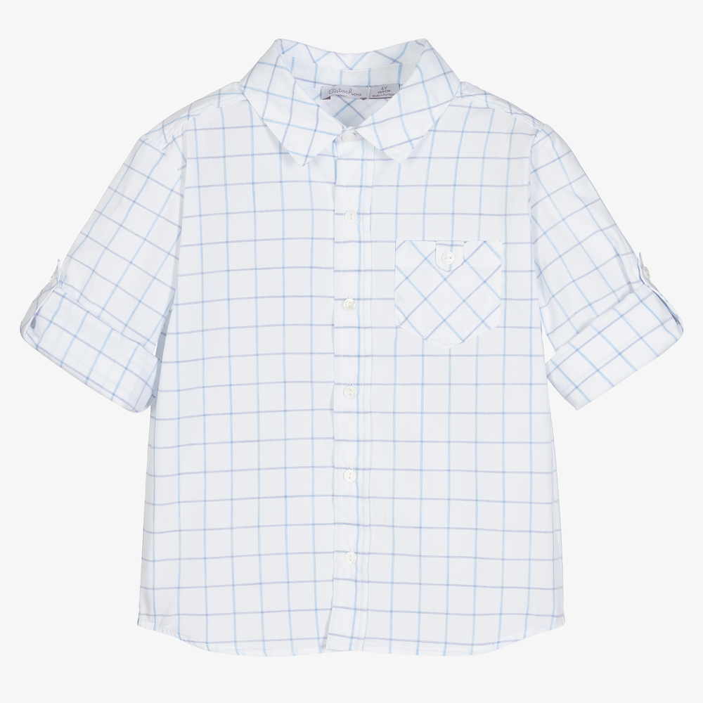 Patachou - قميص قطن بولين كاروهات لون أبيض وأزرق للأولاد | Childrensalon