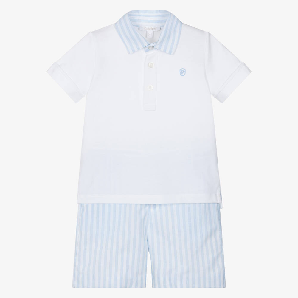 Patachou-Boys White & Blue Cotton Polo Shirt & Shorts Set | Childrensalon Outlet