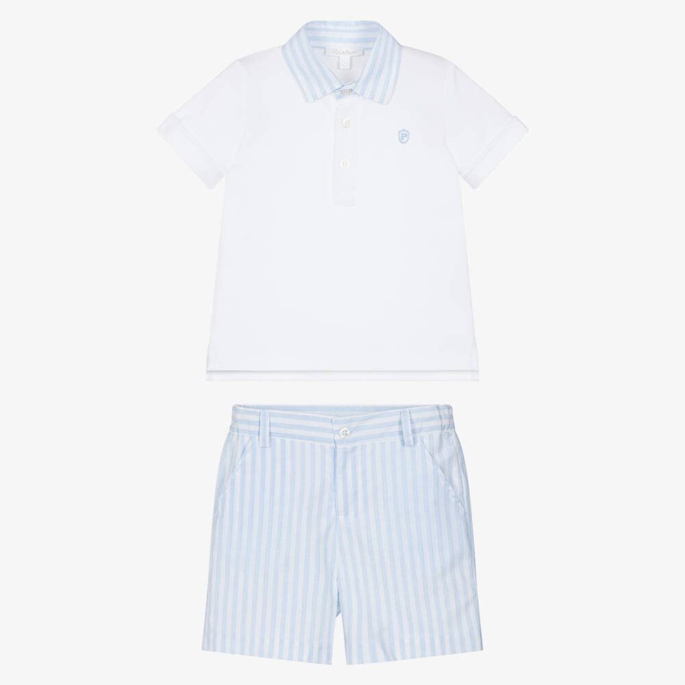 Patachou-Boys White & Blue Cotton Polo Shirt & Shorts Set | Childrensalon Outlet