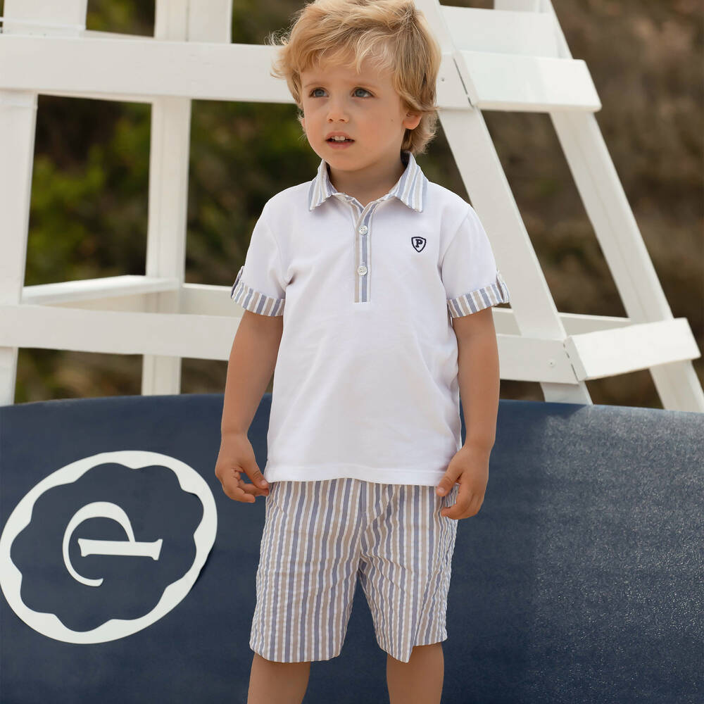 Patachou Boys White Blue Cotton Shorts Set