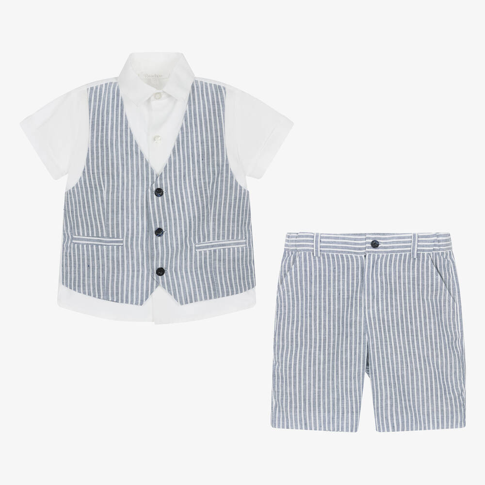 Patachou-Boys White & Blue Linen Shorts Set | Childrensalon Outlet