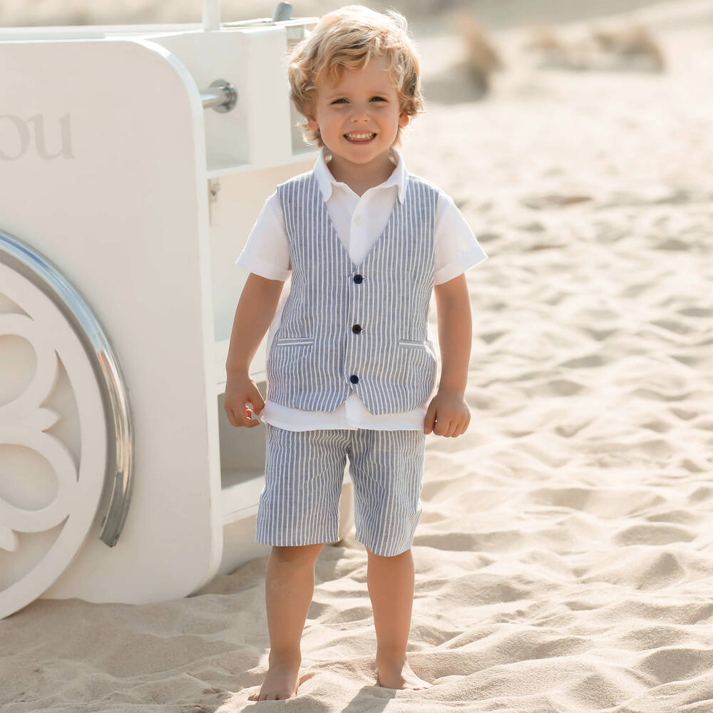 Patachou-Boys White & Blue Linen Shorts Set | Childrensalon Outlet