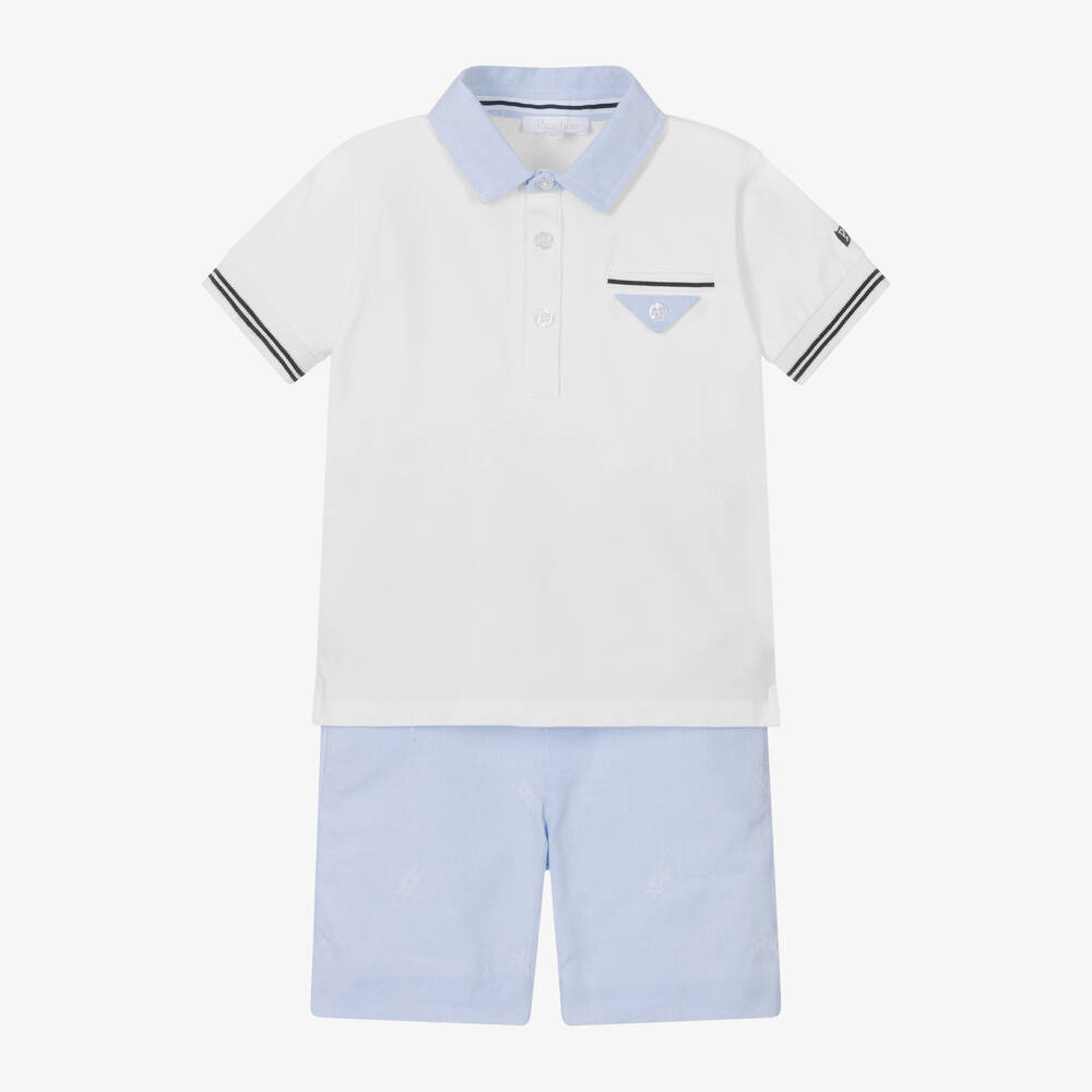 Patachou-Boys White & Blue Polo Shorts Set | Childrensalon Outlet