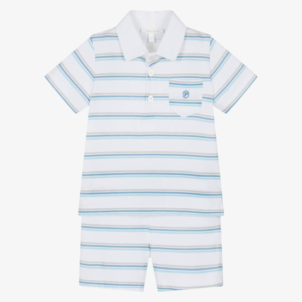 Patachou-Boys White & Blue Stripe Cotton Piqué Shorts Set | Childrensalon Outlet