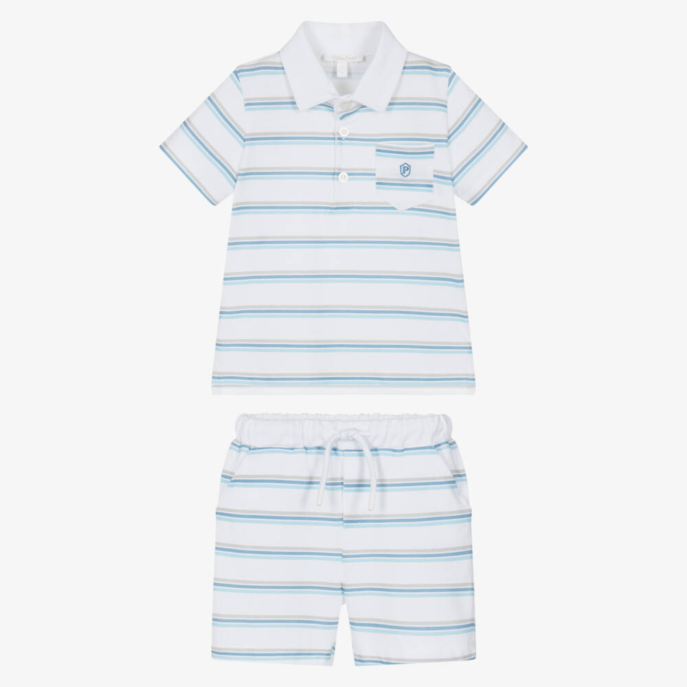 Patachou-Boys White & Blue Stripe Cotton Piqué Shorts Set | Childrensalon Outlet