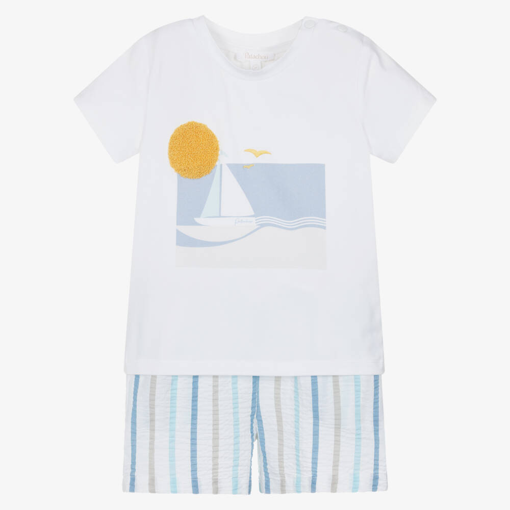 Patachou-Boys White & Blue Stripe Cotton Seersucker Shorts Set | Childrensalon Outlet