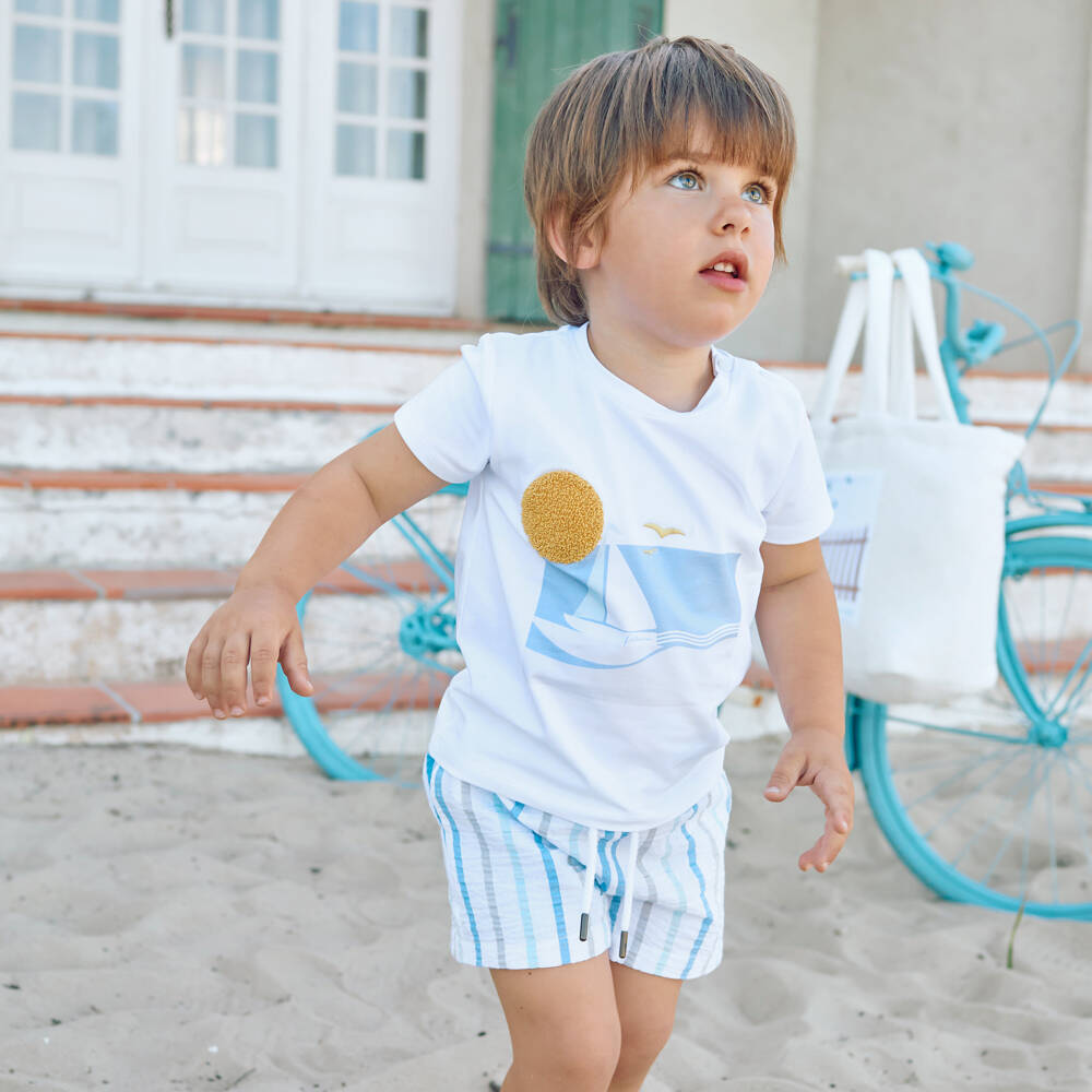 Patachou-Boys White & Blue Stripe Cotton Seersucker Shorts Set | Childrensalon Outlet