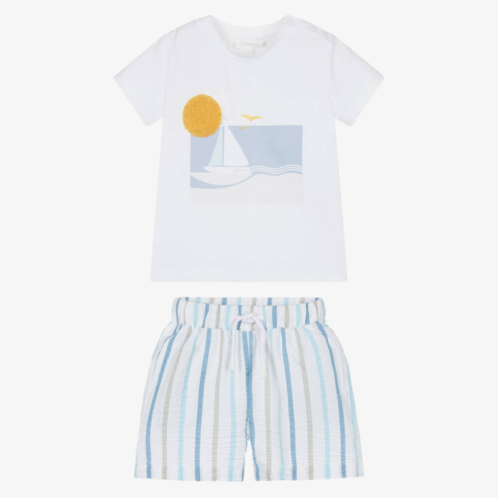 Patachou-Boys White & Blue Stripe Cotton Seersucker Shorts Set | Childrensalon Outlet