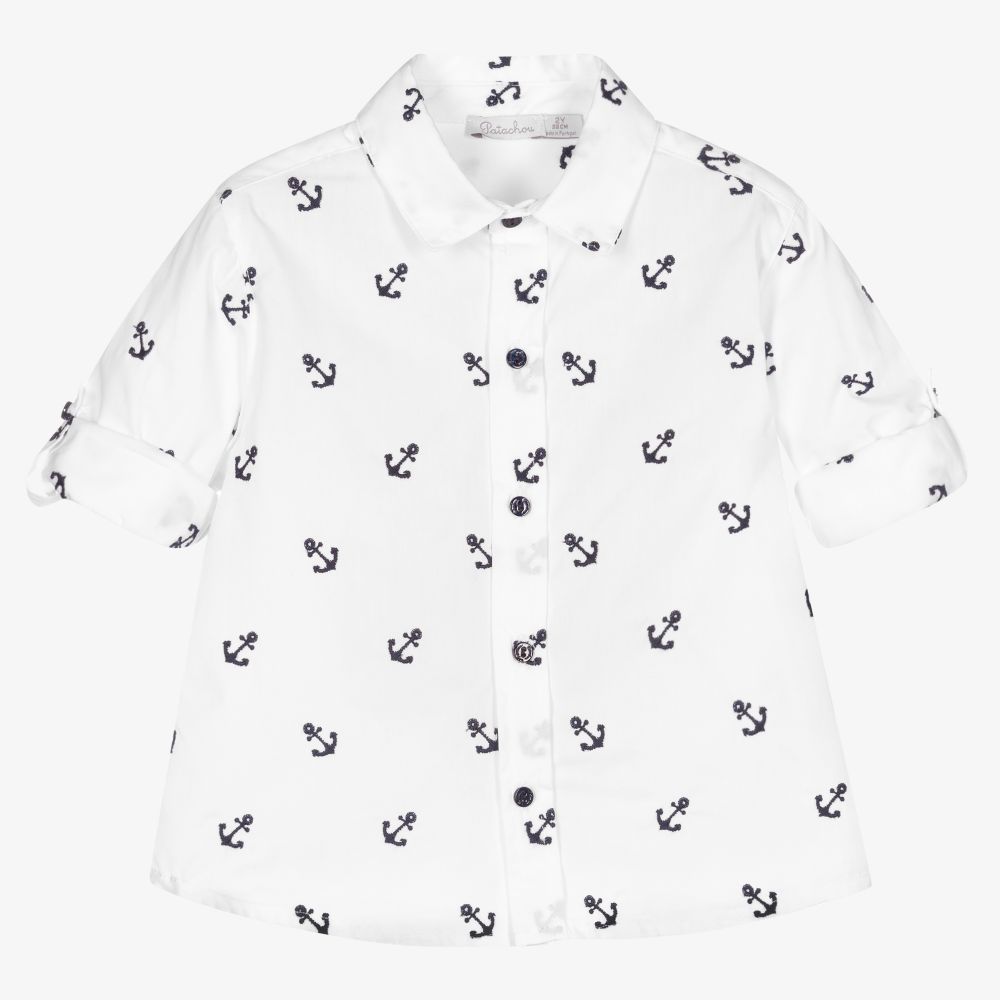Patachou-Boys White Cotton Anchor Shirt | Childrensalon Outlet