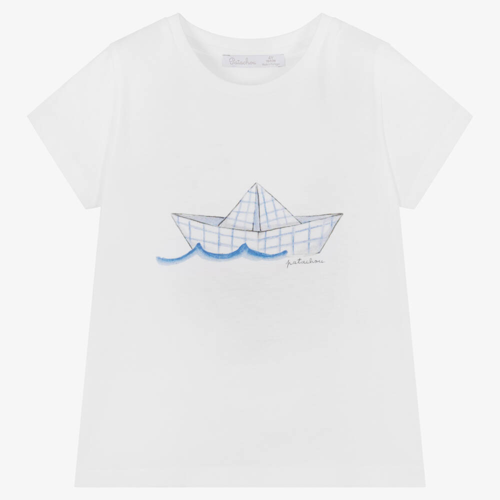 Patachou - Boys White Cotton Boat T-Shirt | Childrensalon