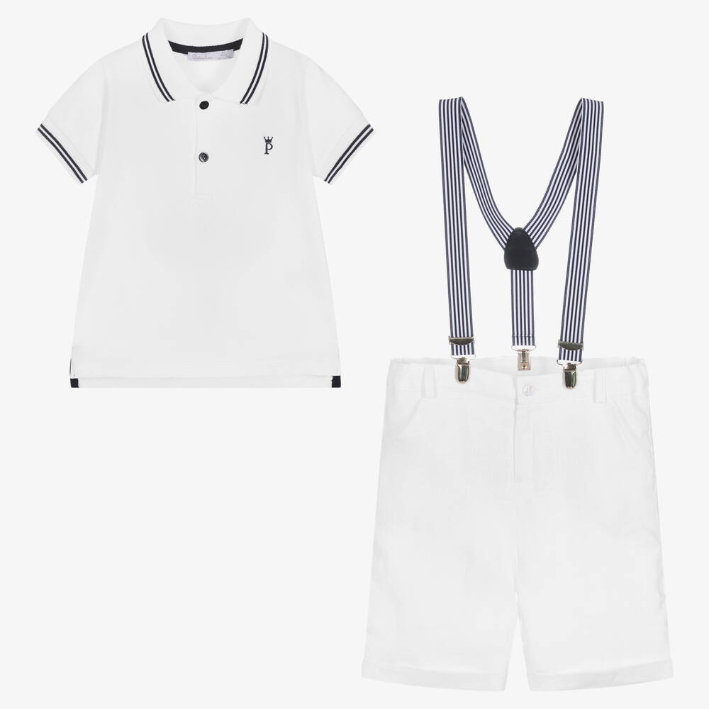Patachou-طقم شورت قطن بيكيه وكتان لون أبيض للأولاد | Childrensalon Outlet