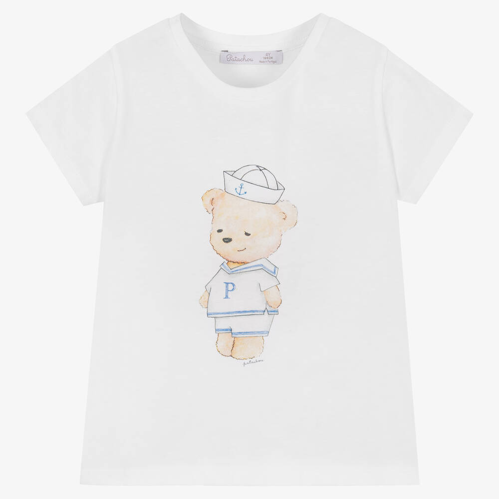 Patachou - Белая хлопковая футболка с медвежонком-моряком | Childrensalon