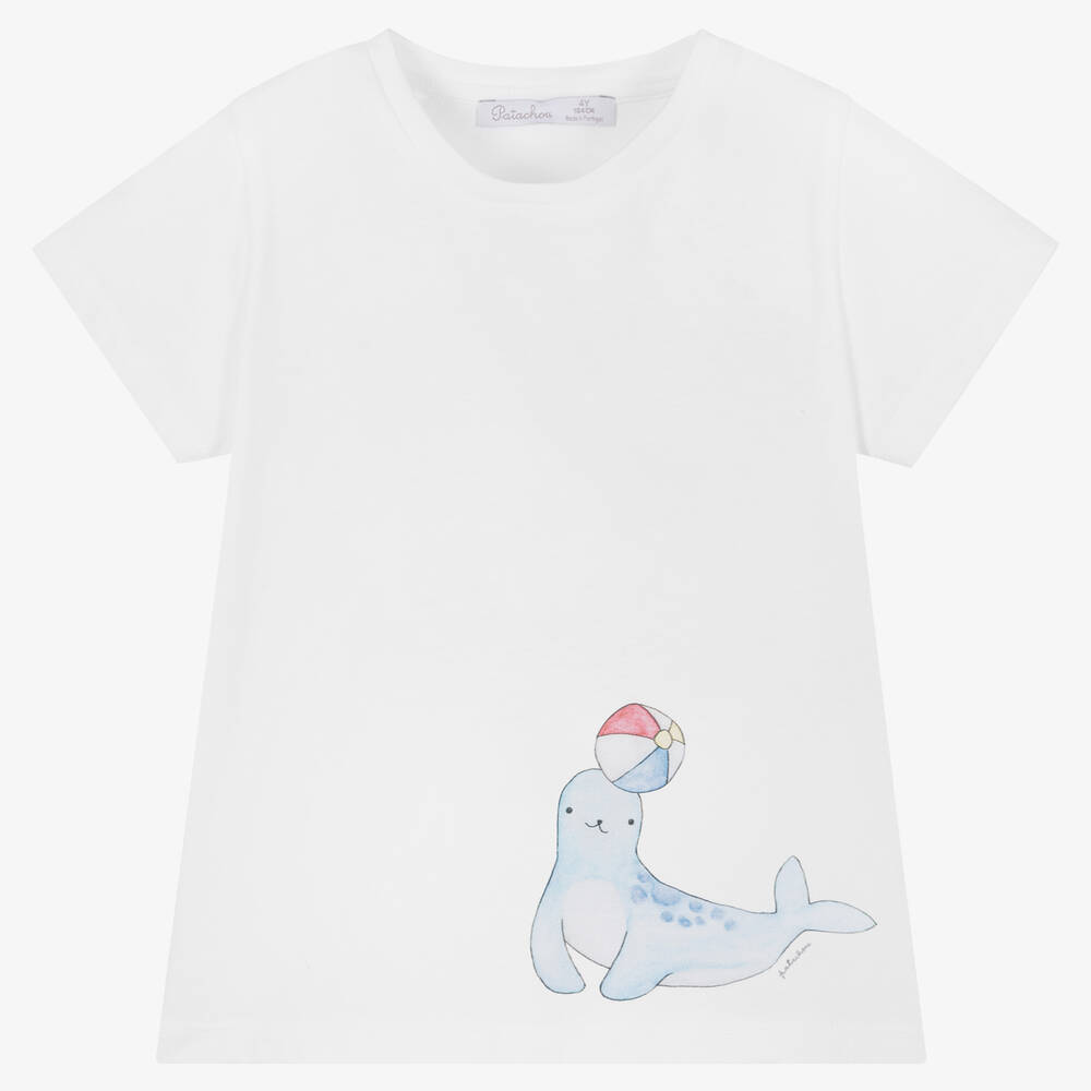 Patachou - Weißes Baumwoll-T-Shirt mit Robbe | Childrensalon