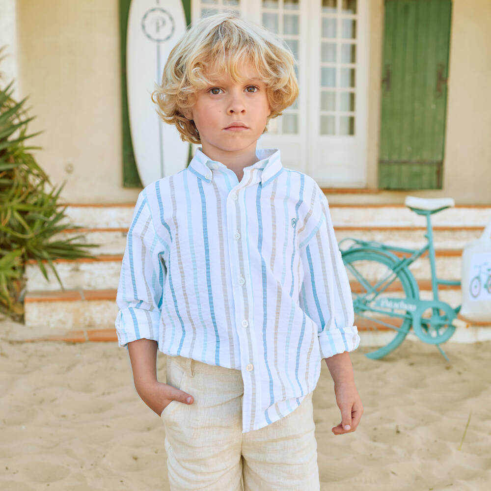 Patachou-Boys White Cotton Seersucker Shirt with Beige & Blue Stripes | Childrensalon Outlet