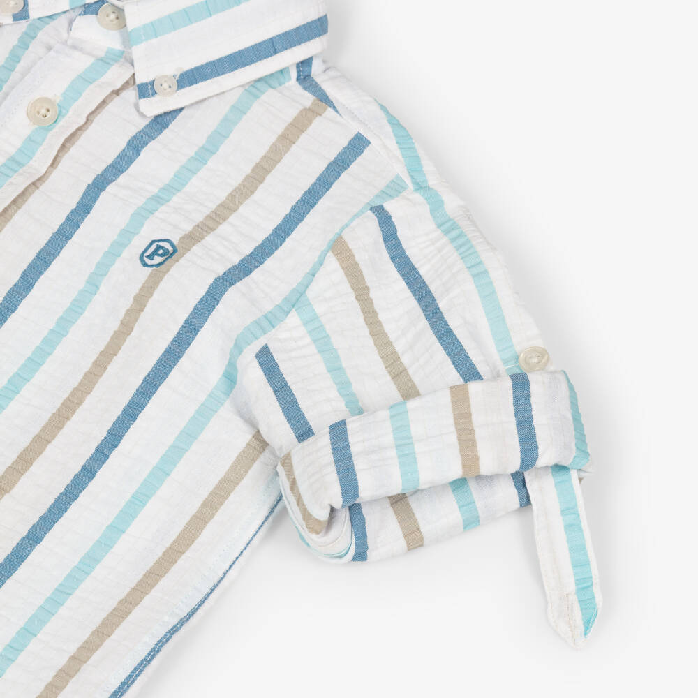 Patachou-Boys White Cotton Seersucker Shirt with Beige & Blue Stripes | Childrensalon Outlet