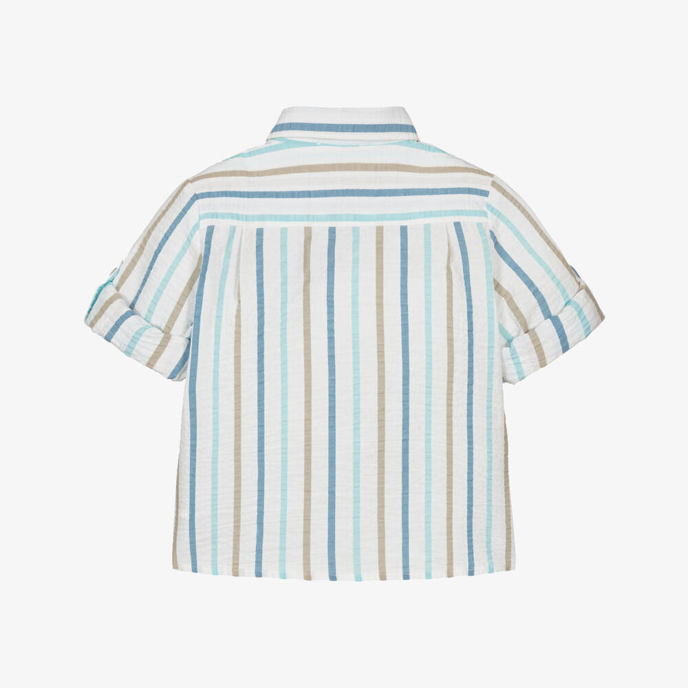 Patachou-Boys White Cotton Seersucker Shirt with Beige & Blue Stripes | Childrensalon Outlet