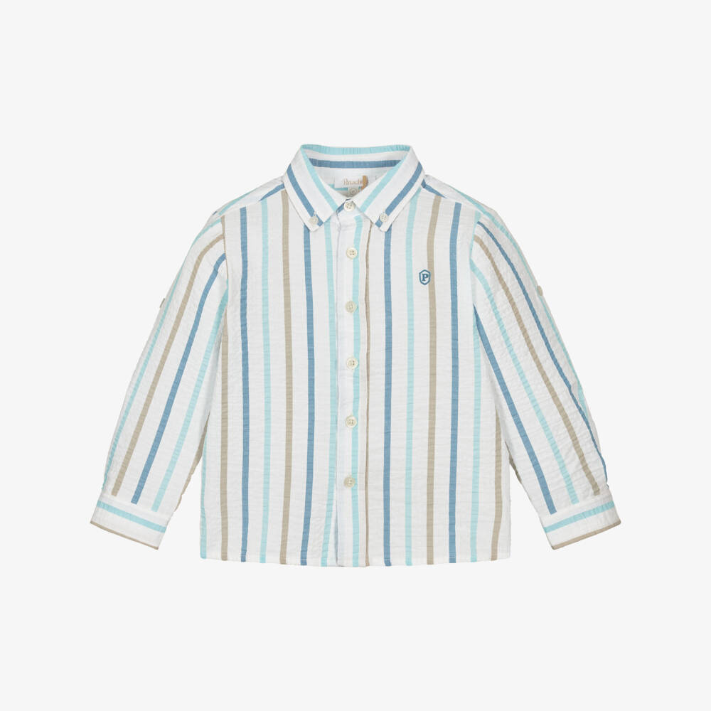 Patachou-Boys White Cotton Seersucker Shirt with Beige & Blue Stripes | Childrensalon Outlet