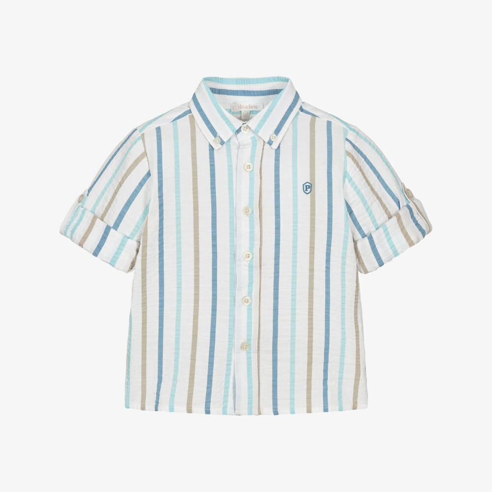 Patachou-Boys White Cotton Seersucker Shirt with Beige & Blue Stripes | Childrensalon Outlet
