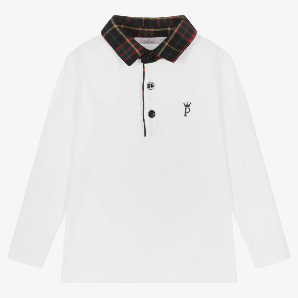 Patachou - Boys White Cotton & Tartan Polo Top  | Childrensalon