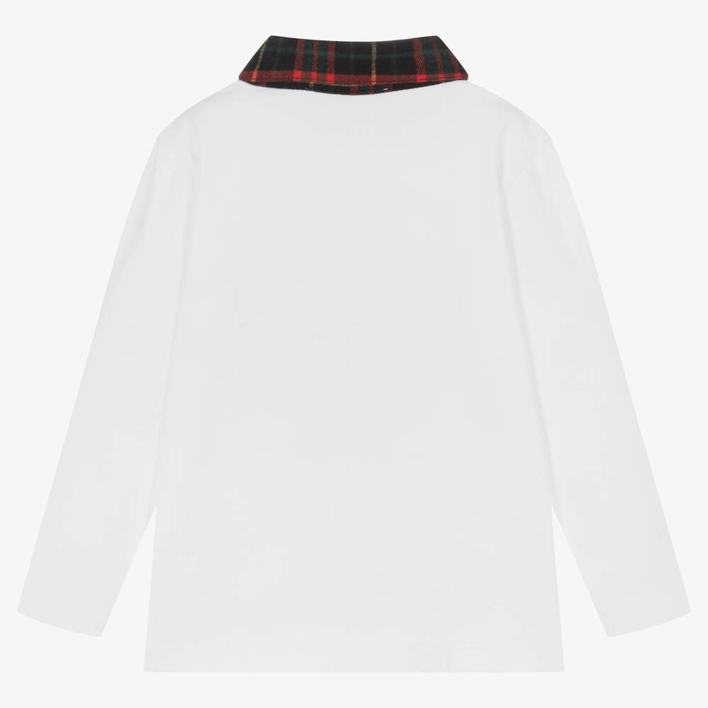 Patachou-توب بولو مزيج قطن وتارتان لون أبيض للأولاد | Childrensalon Outlet