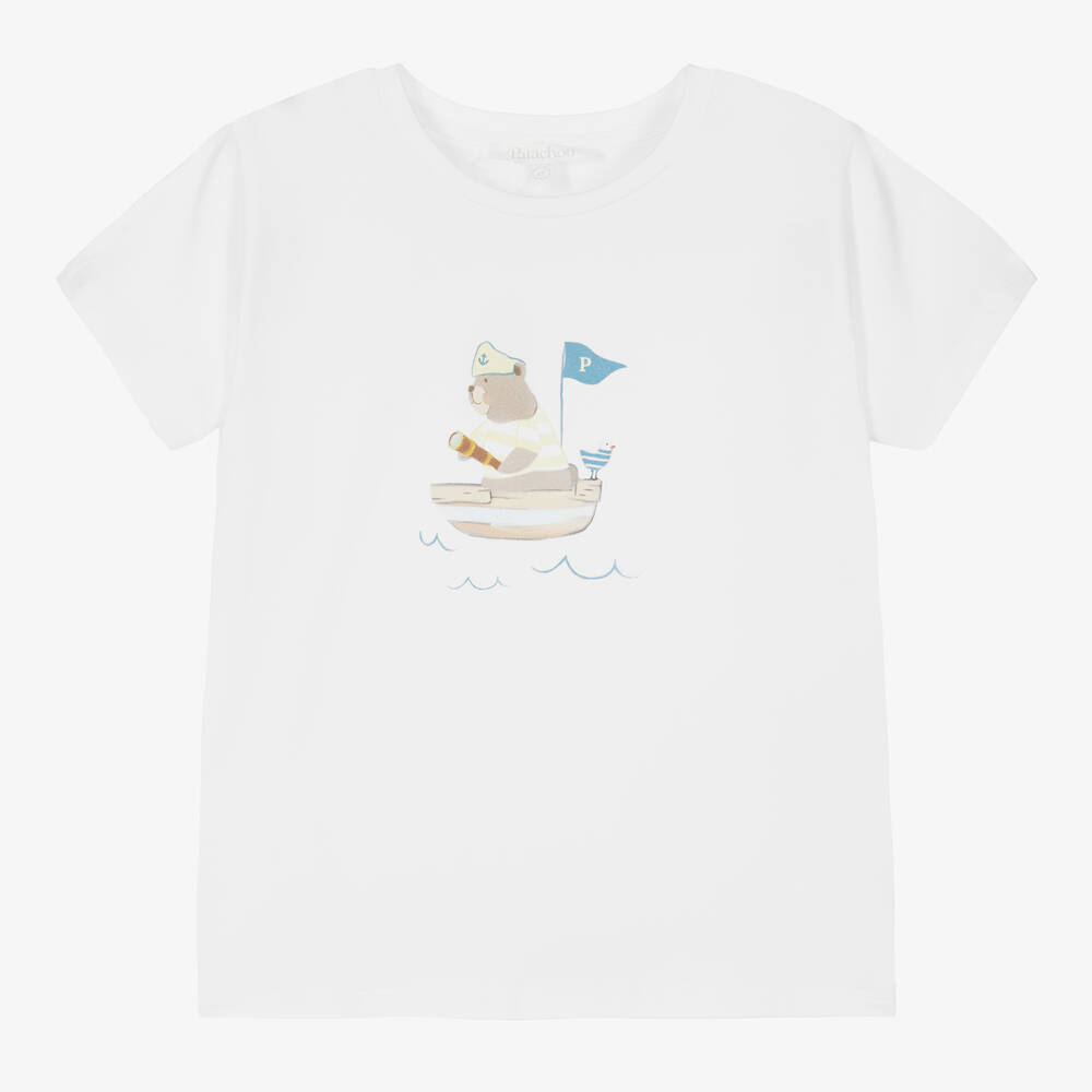 Patachou-Boys White Sailing Teddy Bear T-Shirt | Childrensalon Outlet
