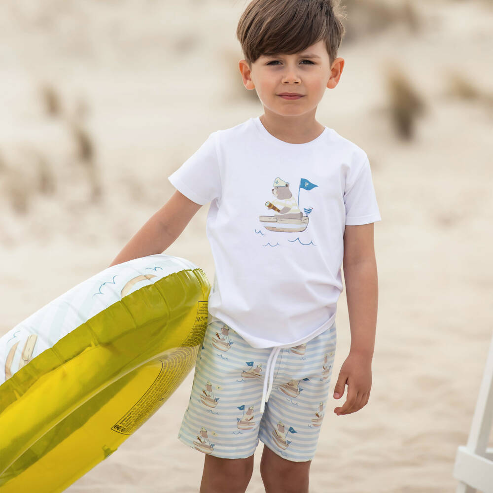 Patachou-Boys White Sailing Teddy Bear T-Shirt | Childrensalon Outlet