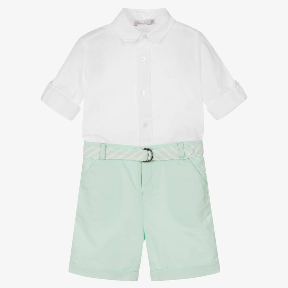 Patachou - Boys White Shirt & Green Shorts Set | Childrensalon